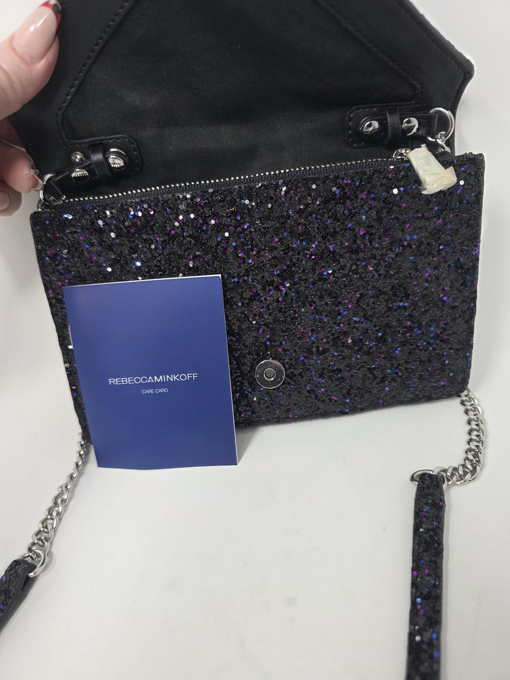 Rebecca Minkoff Black Glitter Crossbody Bag Chain Strap Mini Party Purse